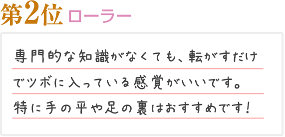 第2位 ローラー 専門的な知識がなくても、転がすだけでツボに入っている感覚がいいです。特に手の平や足の裏はおすすめです！