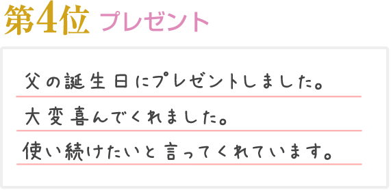 第4位 プレゼント 父の誕生日にプレゼントしました。大変喜んでくれました。使い続けたいと言ってくれています。